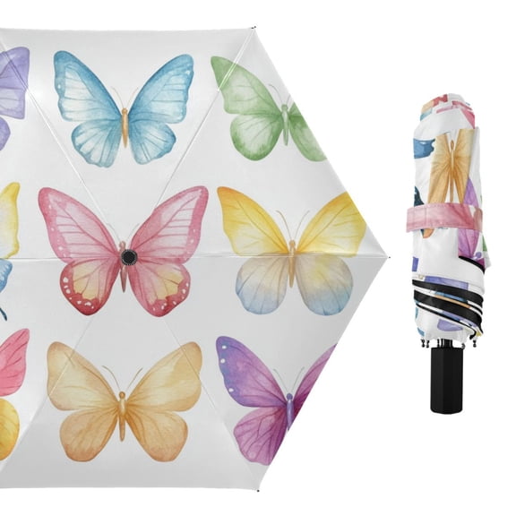 Little Butterflies Colorful All Weather Umbrella Triple Folding Parasol 6 Ribs UV Protection Portable