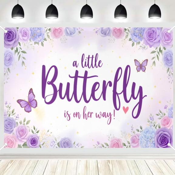 A Little Butterfly Is On Her Way Backdrop, Purple Floral Photography Background, Baby Shower Party Banner for Girl Gender Reveal, Photo Booth Decor 16x24in