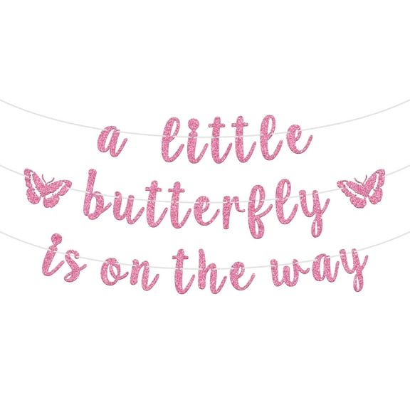 A Little Butterfly is on her Way Banner - Welcome Baby Bunting Sign, Baby Shower/Baby Announcement Party Decoration - Magic Theme Baby 1st Birthday Party Supplies, Pink Glitter