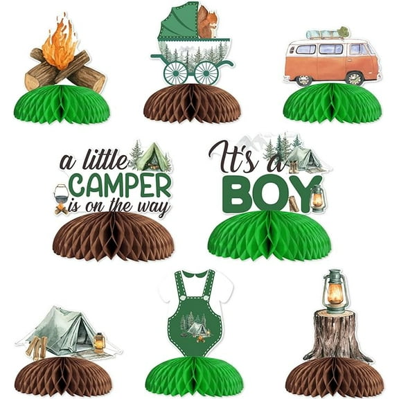 Little Camper Baby Shower Decorations, 8pcs A Little Camper is On The Way Honeycomb Centerpiece It's a Boy Table Topper for Woodland Camping Happy Camper Adventure Baby Shower Party Supplies