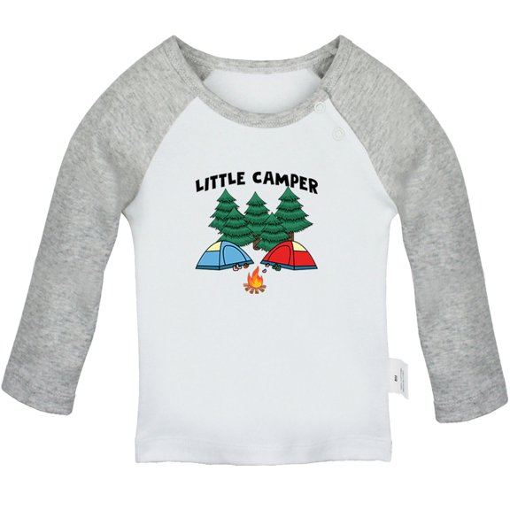 Little Camper Funny T shirt For Baby, Newborn Babies T-shirts, Infant Tops, 0-24M Kids Graphic Tees Clothing (Long Gray Raglan T-shirt, 12-18 Months)