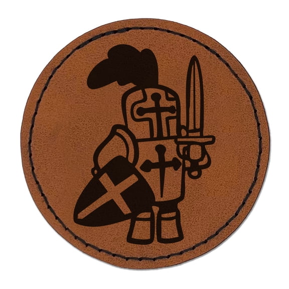 Little Cartoon Knight Paladin Templar with Shield and Sword Round Iron-On Engraved Faux Leather Patch Applique - 2.5 Inch - Brown