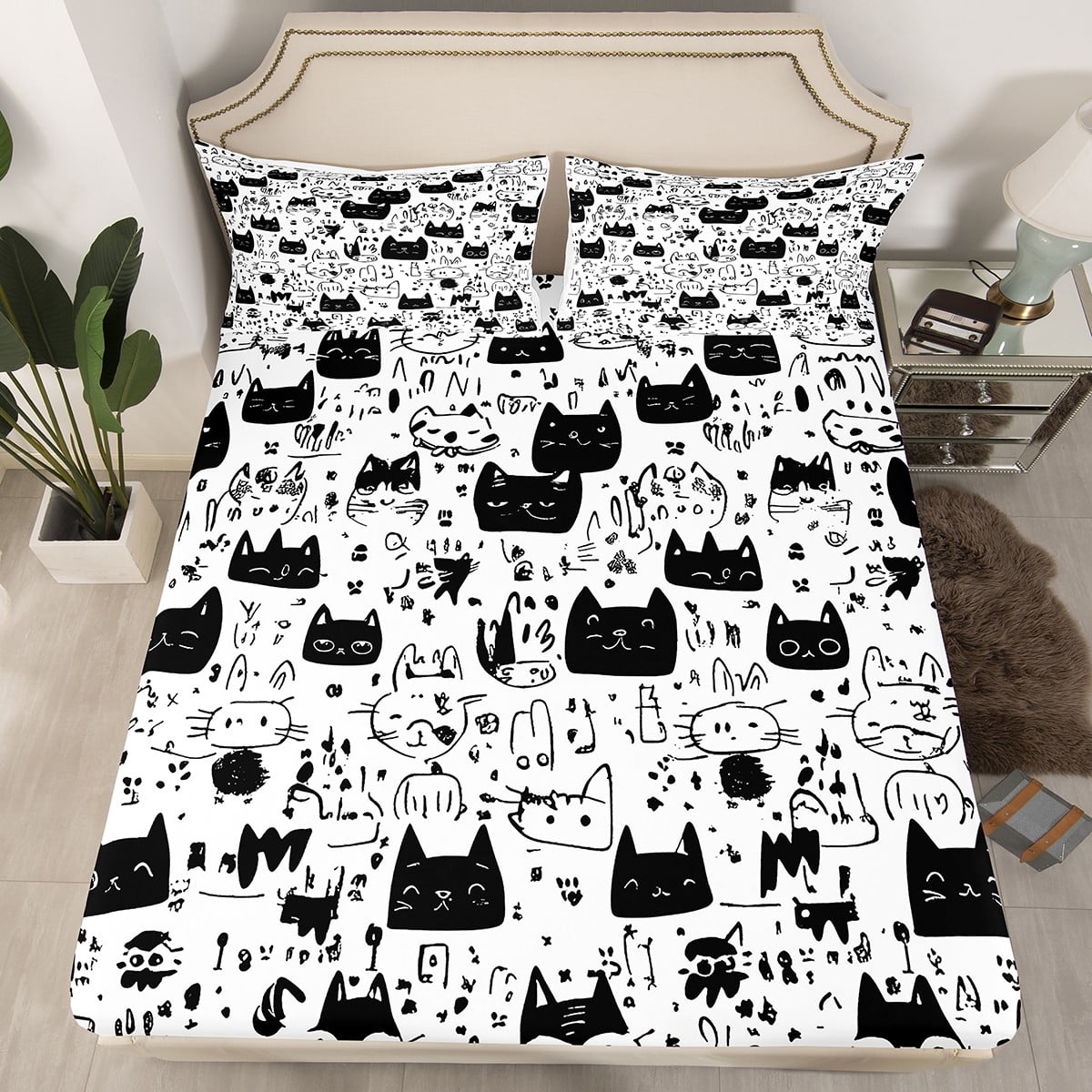 Little Cat Fitted Sheet Abstract Bed Sheets Twin,Hand Drawn Kitten ...