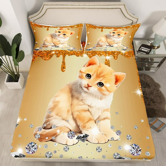 Little Cat Fitted Sheet Orange Sequin Fluid Art Bed Sheets Twin,Crystal Diamond Sheets Cute Pet Animal Bedding Set,Kawaii Kitten Room Decor(No Top Sheet)