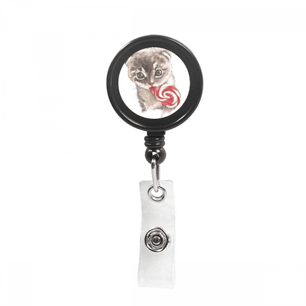 Little Cat Lollipop Watercolor Animal Retractable Keychain Badge Holder ID Badge