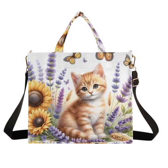 Little Cat and Flowers Corduroy Tote Bag Handbag Large Messenger Bag Shoulder Crossbody Zipper Bag Purse