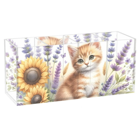 Little Cat and Flowers Pencil Pen Cosmetic Holder Cup Makeup Brush Holder Desk Accessories Holder Acrylic Organizer for Office School Home