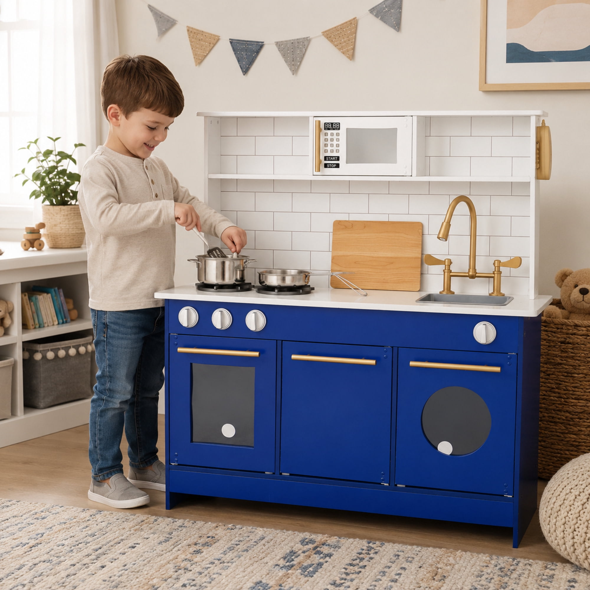 Teamson Kids Blue Wooden Kitchen Play Set with Gold Hardware, Subway Tile Backsplash and Pretend Play Cookware Accessories - Little Chef Berlin Modern