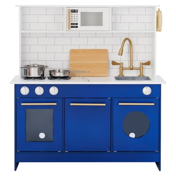 Teamson Kids Little Chef Berlin Modern Play Kitchen with Cookware Accessories, White/Blue