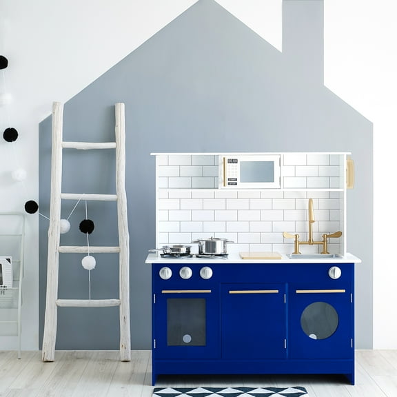 Teamson Kids Little Chef Berlin Modern Play Kitchen with Cookware Accessories, White/Blue