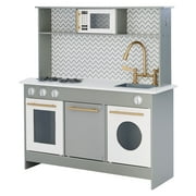 Teamson Kids Little Chef Berlin Modern Play Kitchen with Interactive Features and Farmhouse-Style Sink with Accessories, Gray/White