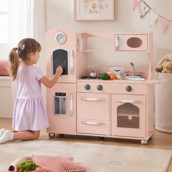 Teamson Kids Pink Play Kitchen Set with Chalk Board, Wooden Pretend Play Set, Interactive Ice Maker, Kitchen Toy Accessories - Little Chef Westchester