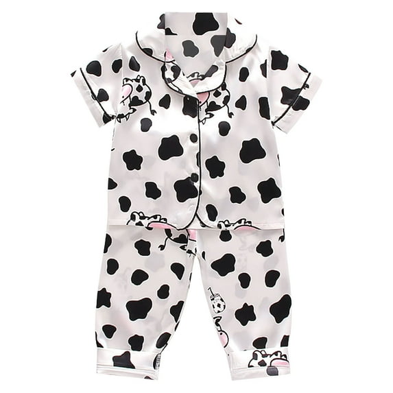 Little Children PJ Sets Boys Girls Satin Short Sleeve Cartoon Button Down Shirt Tops And Long Pants Silk Pajamas Loungewear Set Homewears Loungewear For Child