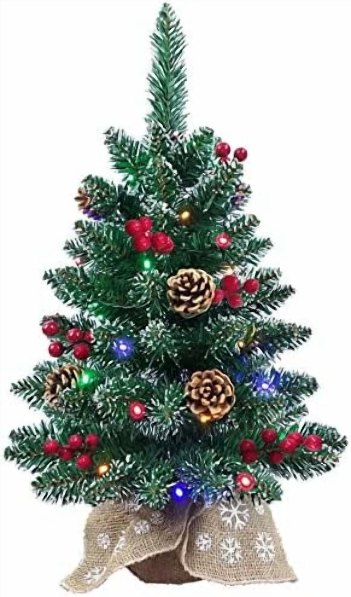 Little Pre-lit Christmas Tree 24 Inch – Mini Desktop Tree With LED Lights, Pine Cones & Berries