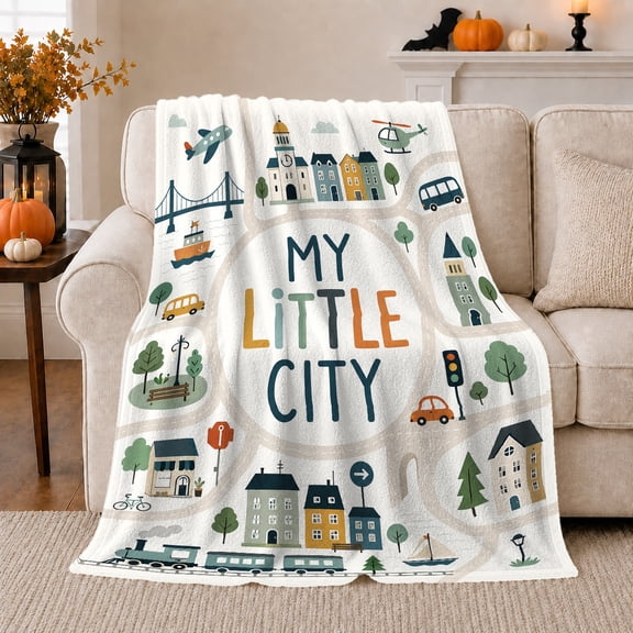 My Little City Road Map, Playful Illustration Style for City Explorers, Bridge and Vehicle Town Art and Birthday Gift, Cozy Flannel Blanket for families and decorative motif, Home Decor