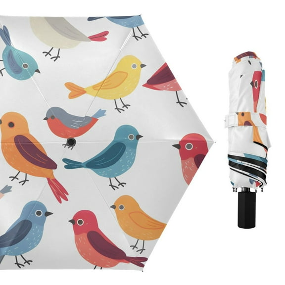 Little Colorful Birds Cartoon All Weather Umbrella Triple Folding Parasol 6 Ribs UV Protection Portable