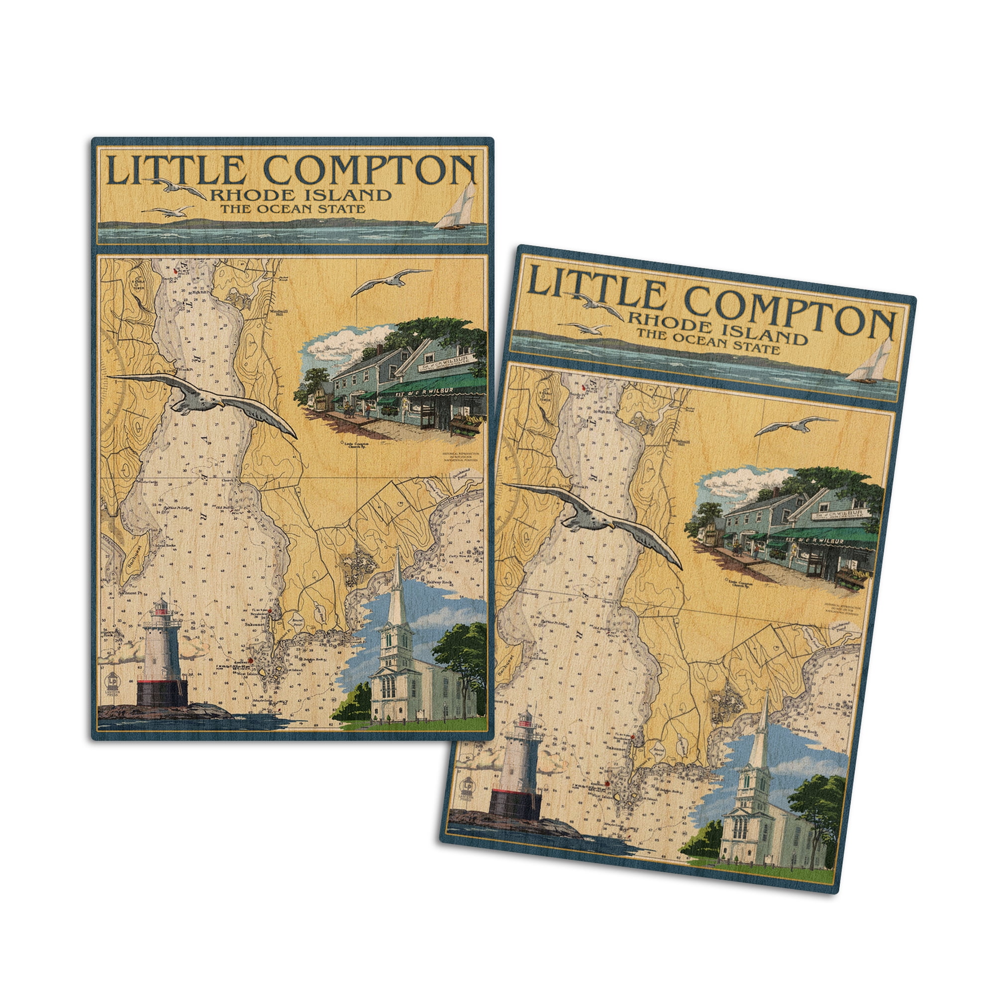 Little Compton, Rhode Island Chart (4x6 Birch Wood Postcards, 2Pack Stationary, Rustic Home