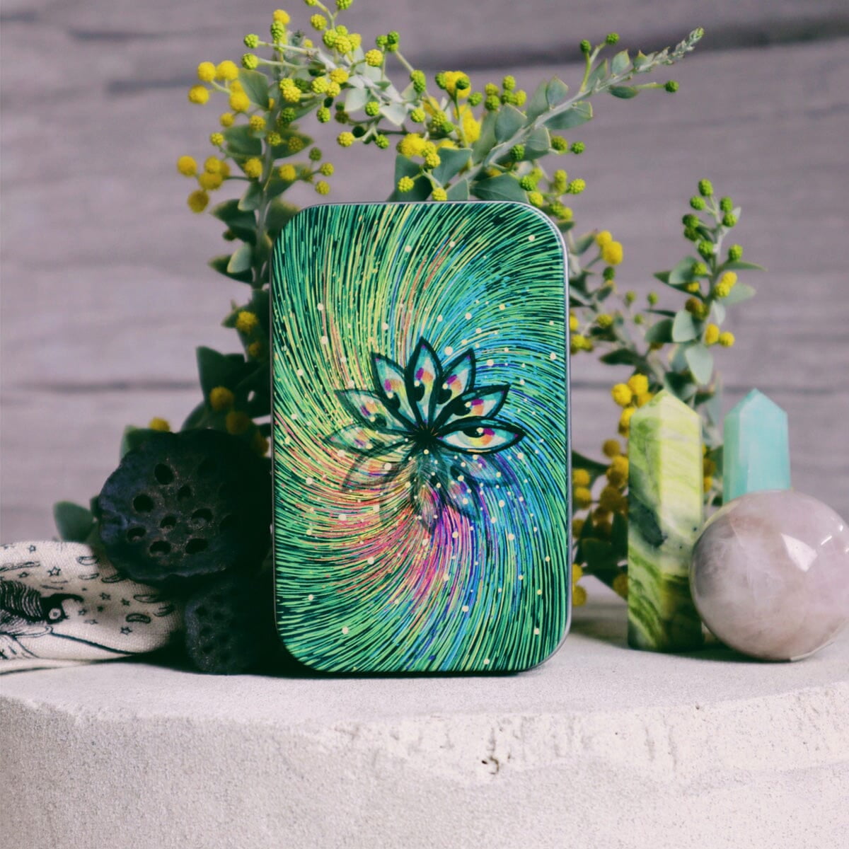 Little Cosma Visions Oracle Deck, 78 Mini Cards with Labradorite Gilded Edges in Tin by James R. Eads