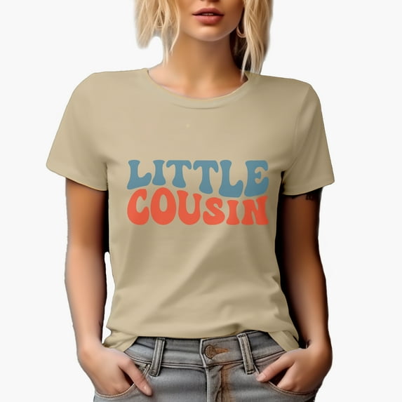 Little Cousin, Younger Cousins Themed, Groovy Retro Wavy Text Merch Gift, Tan T-Shirt, Small