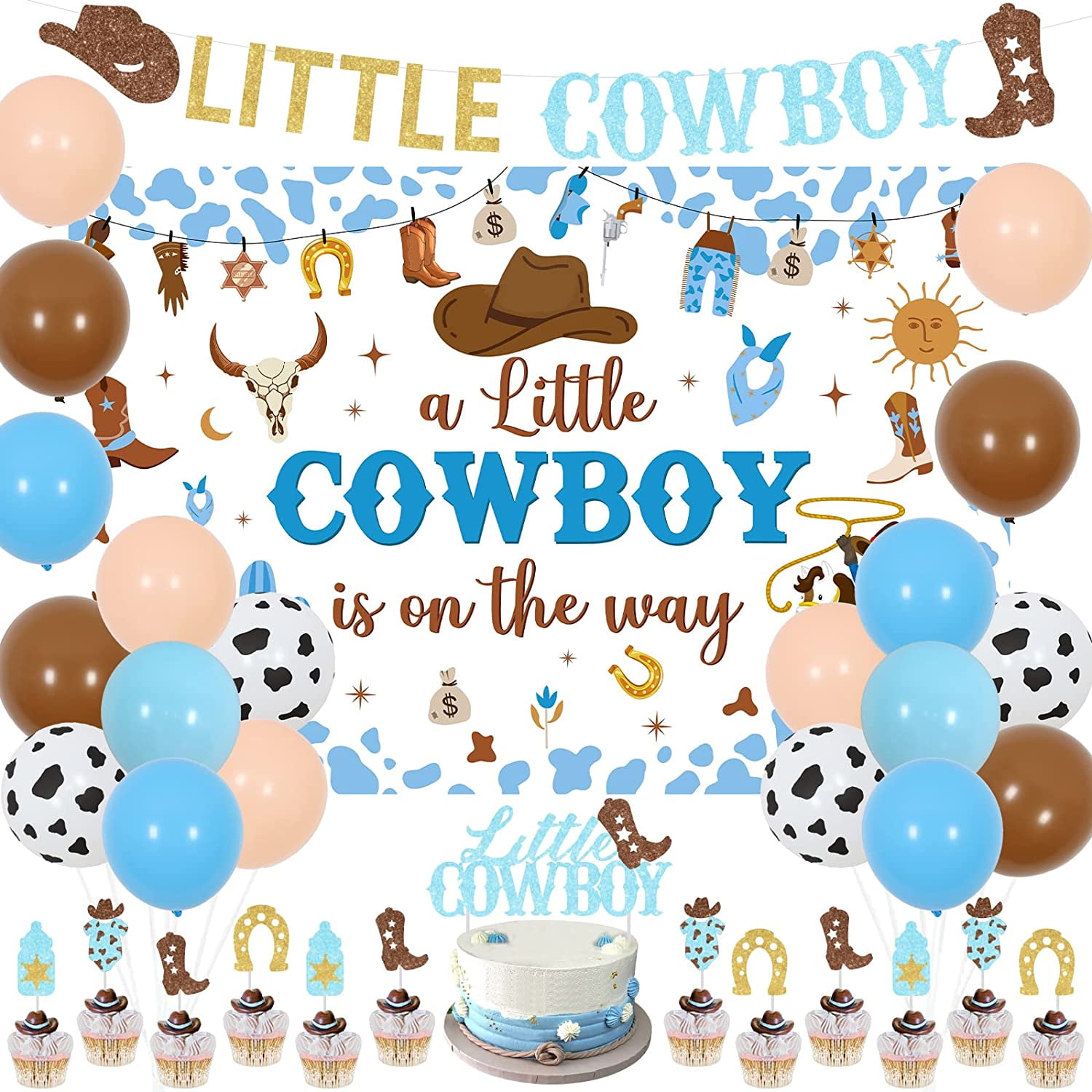 Little Cowboy Baby Shower Decorations, A Little Cowboy Is On The Way  Backdrop Little Cowboy Banner Cake Topper Balloons Blue Brown for Boys  Western Rodeo Wild West Baby Shower Party Supplies 