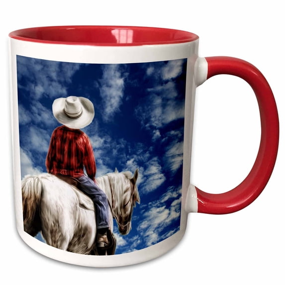3drose, Little Cowboy on Horseback Western Theme with Blue Sky and Clouds, 15oz Two-tone Red Mug