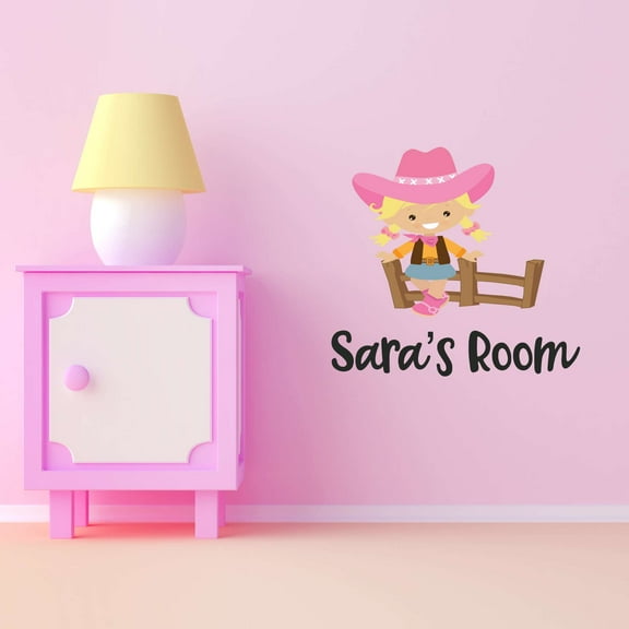 Little Cowgirl On Fence Roper Personalized Name Cowboy Chaps Rodeo Horse Pony Bull Steer Stallion Roper Holiday Gift Decorating Ideas Bedroom Wall Decal Sticker - Size: 20 In X 18 In