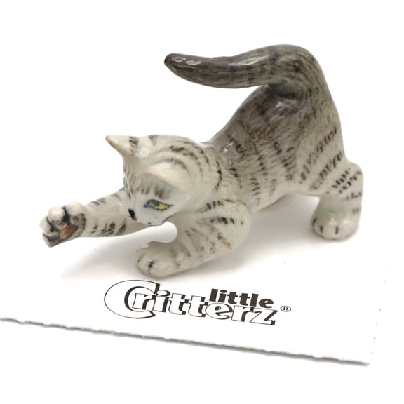 Little Critterz Cat Grey Tabby Kitten "Lily" Hand-painted - Home Decor Animal Decorative Figurine Birthday Gift - Miniature Porcelain Figurine