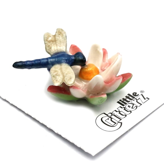 Little Critterz Dragonfly on Water Lily "Bluet" - Hand-painted Home Decor Bird Decorative Figurine - Miniature Porcelain Figurine