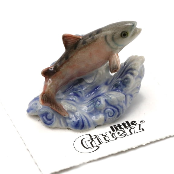 Little Critterz Fish Salmon Jumping Leap Handcrafted - Home Decor Reptile Decorative Figurine Birthday Gift - Miniature Porcelain Figurine