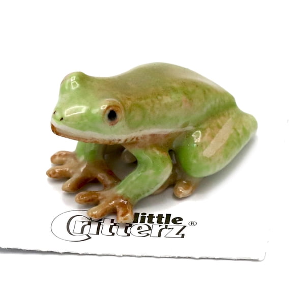 Little Critterz Green Frog Tree Pond Spring Patio Yard Lawn - Handcrafted Home Decor Reptile Decorative Figurine - Miniature Porcelain Figurine