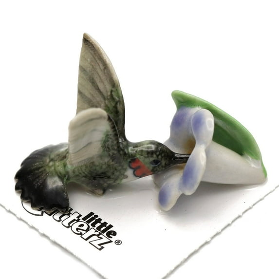 Little Critterz Humming Bird on Flower Ruby Hand-painted - Home Decor Bird Decorative Figurine Birthday Gift - Miniature Porcelain Figurine