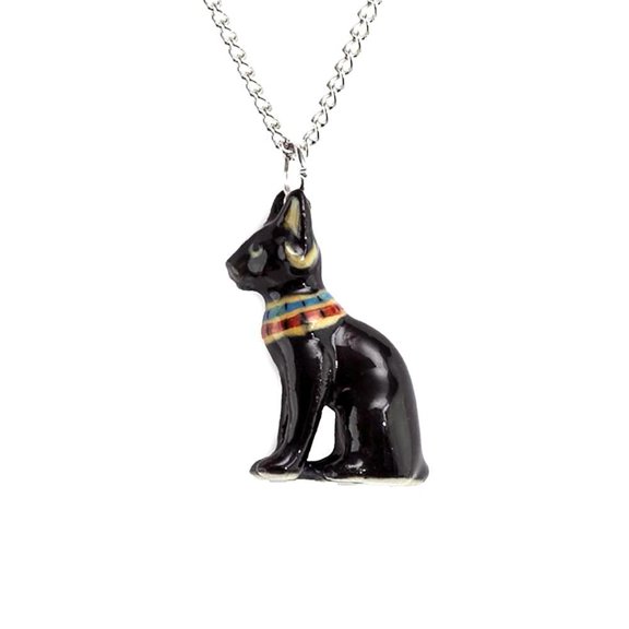 Little Critterz Jewelry Black Egyptian Cat Animal - Handcrafted Decorative Figurine Birthday Gift - Necklace Pendant Porcelain Jewelry
