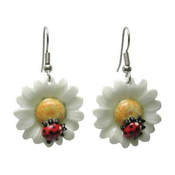 Little Critterz Jewelry Flower Ladybugs or Ladybirds on Daisy - Hand-painted Decorative Figurine French Hooks - Porcelain Earrings Jewelry