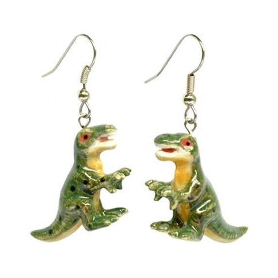 Little Critterz Jewelry Green T-Rex Dinosaur - Handcrafted Decorative Figurine Lightweight French Hooks - Porcelain Earrings Jewelry