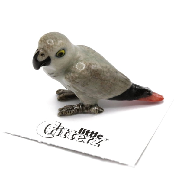 Little Critterz Parrot African Gray "Congo" Hand-painted - Home Decor Bird Decorative Figurine Birthday Gift - Miniature Porcelain Figurine