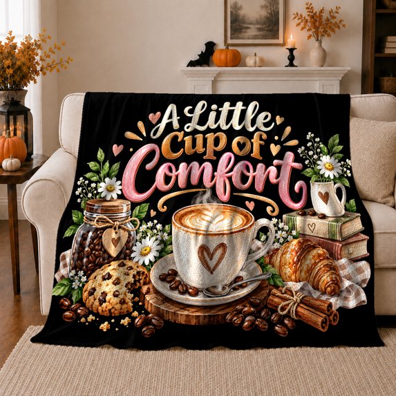 Little Cup Of Comfort Coffee Still Life Autumn, Playful Food Art Scene, Warm Flannel Blanket for Ranch House and Living Room, Art Lovers Thanksgiving Gift, Playful Home Decor