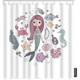 thumbnail image 1 of Little Cute Cartoon Mermaid Long Shower Curtain with Hooks Fish Starfish Algae Shells Crab Coral Ocean Animal Fabric Shower Curtain Large Polyester 72x84 Inch for Bathrooms Bathtubs, 1 of 6