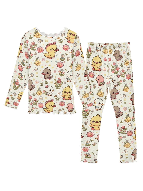 Little Cute Duck Long Sleeve Snug Fit Pajama Set 2 Piece Soft Warm Fleece Top and Pants Sleepwear PJs
