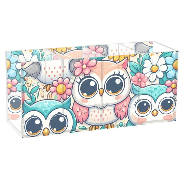 Little Cute Owl And Flowers Acrylic Pen Holder 4 Compartments Clear 