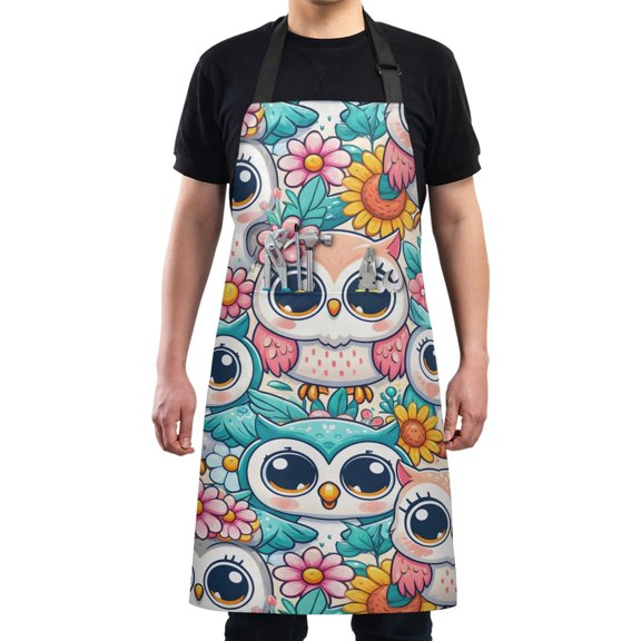 Little Cute Owl and Flowers Kitchen Apron with 2 Pockets Adjustable waterproof Cooking Aprons for Women Men Chef