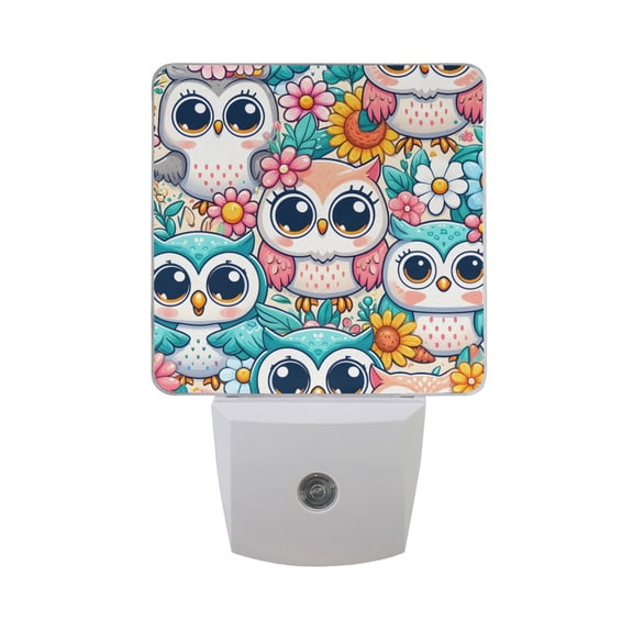 Little Cute Owl and Flowers Night Light 2 Pack LED Nightlight Plug into Wall Dusk to Dawn Sensor Soft White