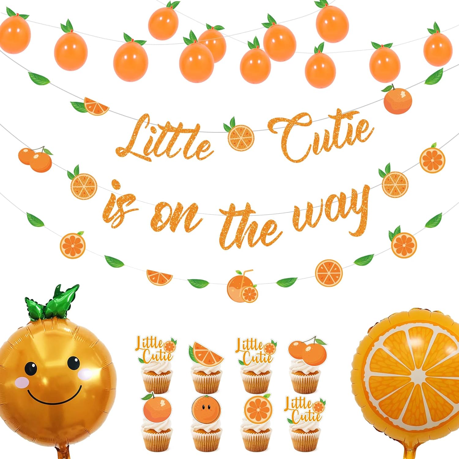 Little Cutie Baby Shower Decorations: Citrus Theme Banner, Toppers