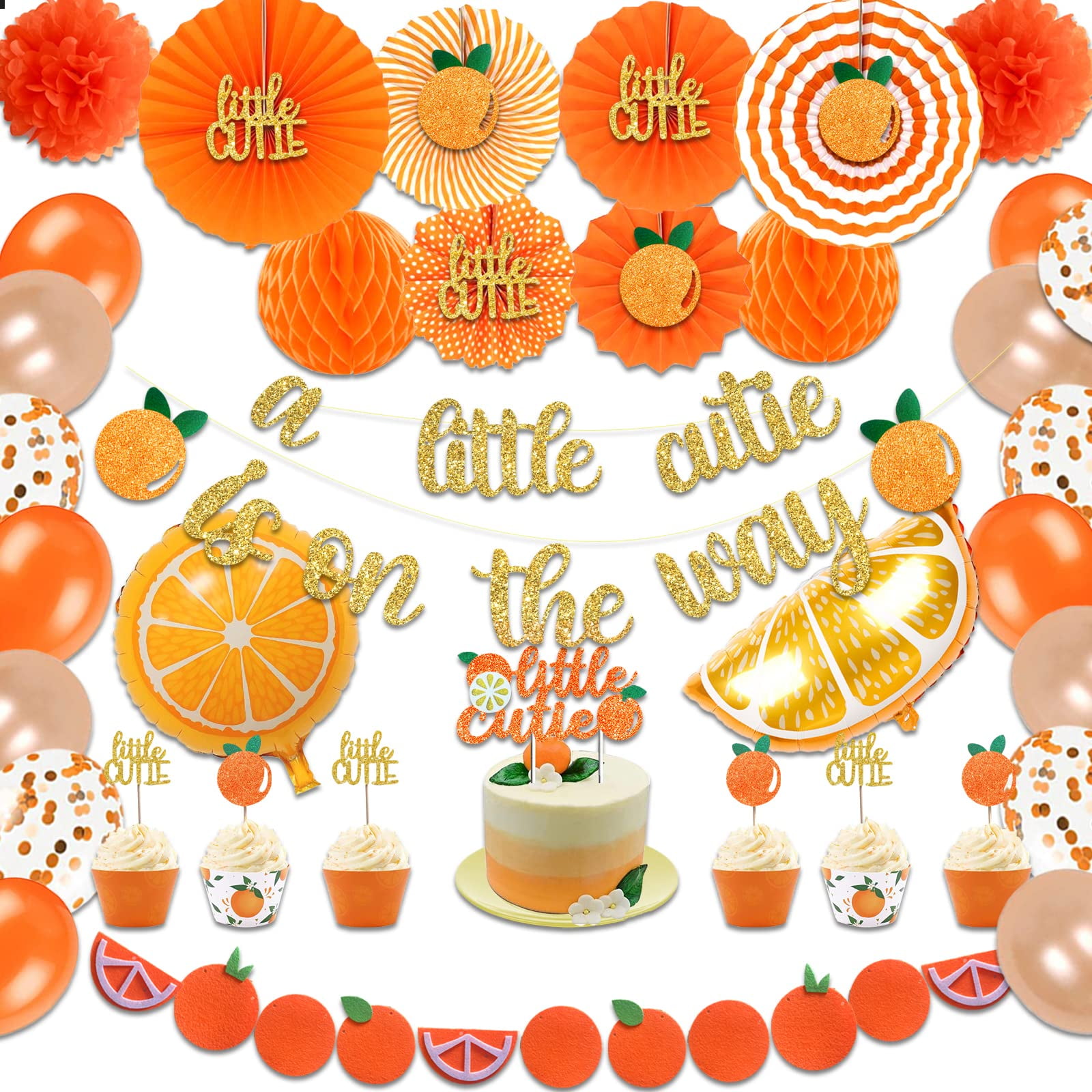 Glitzer-Banner 'A Little Cutie Is On The Way' – Orangefarbene Babyparty-Deko Mit 3 Süßen Motiven