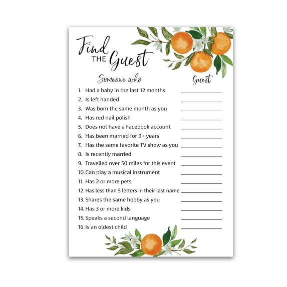 A Little Cutie Baby Shower — FIND THE GUEST Baby Shower Game — Pack of 25 — Icebreaker Baby Shower Party Games, Citrus Orange Theme, Gender Neutral Guess Who Came to the party Game G350-FTG