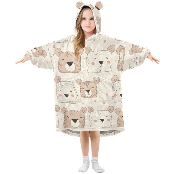 Little Cutie Bear Faces Flannel Wearable Blankets Hooded Design Long Sleeves Wrap Unisex for 3T-14Y S