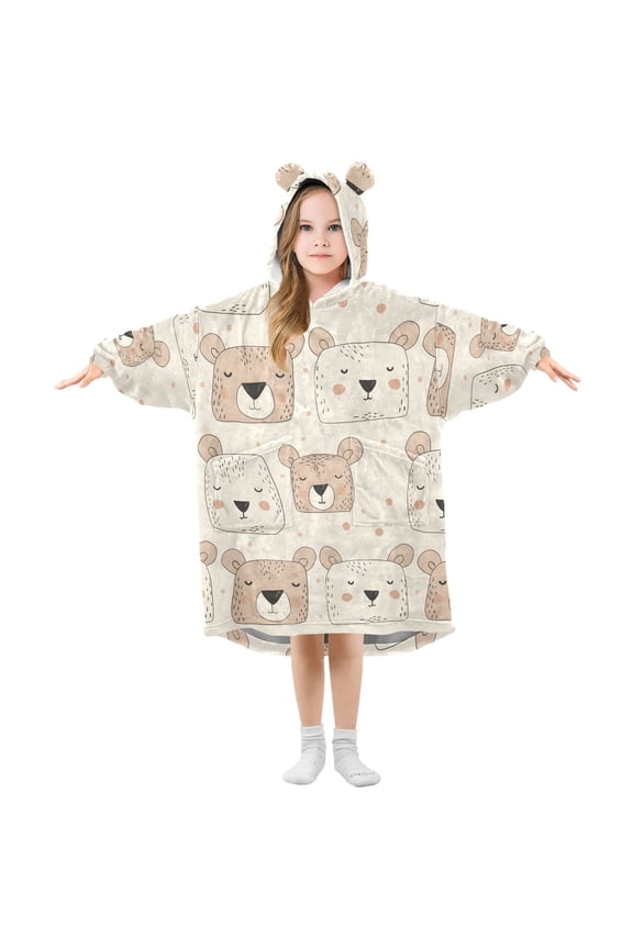 Little Cutie Bear Faces Flannel Wearable Blankets Hooded Design Long Sleeves Wrap Unisex for 3T-14Y S