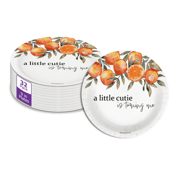 Little Cutie First Birthday - 32 Piece Disposable Party Supplies - Decorations for Orange 1st Birthday Round Party Plates - Large 9" Paper Plates In Bulk