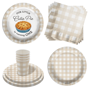Our Little Cutie Pie Is Turning One 1st Birthday Party Supplies - 64 Piece First Birthday Tableware Set Includes Large 9" Dinner Plates and 8" Dessert Paper Plates Napkins Cups - Kit for 16