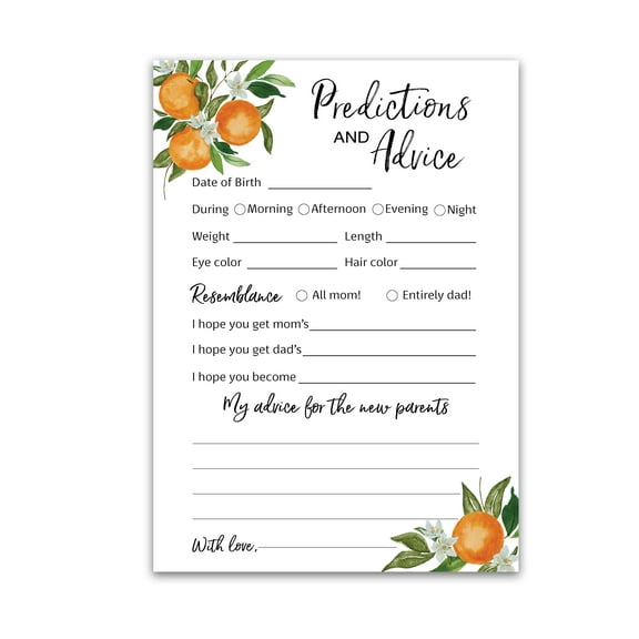 A Little Cutie Prediction and Advice Cards - Pack of 25 - Citrus Orange Theme Baby Shower Invitations, Wishes for New Parents, Mom & Dad to be Mommy & Daddy Message Shower Activity Keepsake G350-PDAV