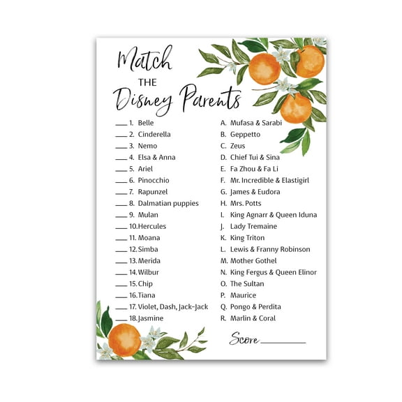 A Little Cutie Theme Match Cartoon Parents Baby Shower Games  Pack of 25  Citrus Orange Baby Shower Game, Match Famous Cartoon Parents Fun Co-ed Shower Activity, Star Kids Match Game G350-DPM